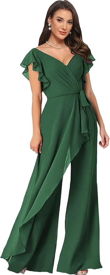 Chiffon Mother of The Bride Jumpsuits for Women Asymmetrical Pant Suits Flutter Sleeve V Neck Formal Evening Outfits