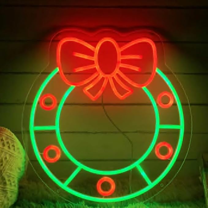Merry Christmas Wreath Front Door Neon Sign, Home Shop Christmas Party Wall Décor Size:19 x18 inches