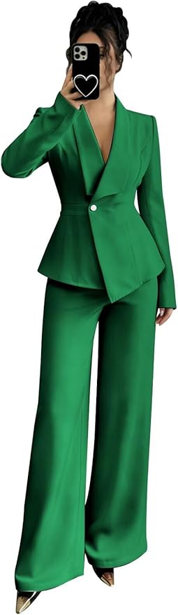 Pant Suits for Women Dressy 2 Piece Womens Pantsuit Long Sleeve Lapel V-Neck Formal Outfit for Wedding Guest