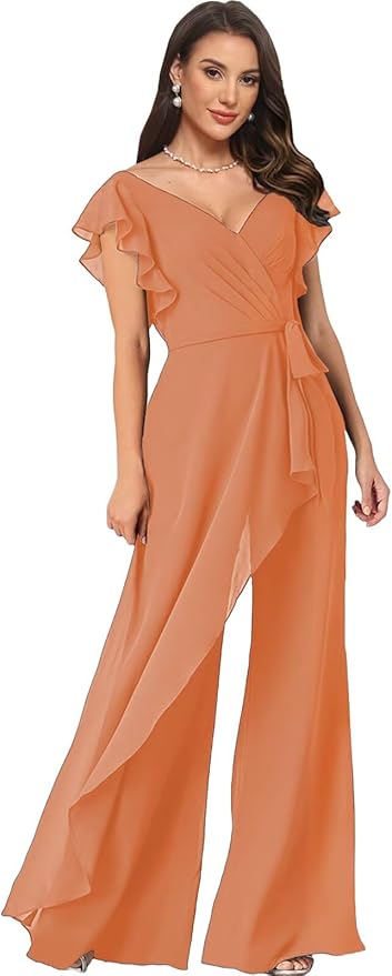 Chiffon Mother of The Bride Jumpsuits for Women Asymmetrical Pant Suits Flutter Sleeve V Neck Formal Evening Outfits