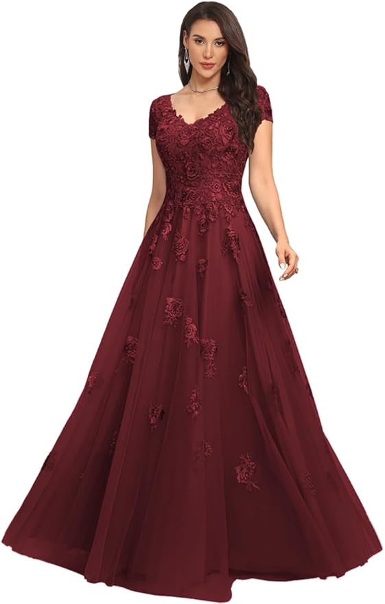 Mother of The Bride Dresses Sleeve Laces Applique V Neck Evening Gowns Cap Sleeves Grandmother of The Groom Dress