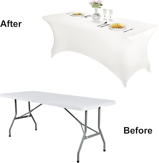 FORLIFE 4Pack Spandex Table Covers，Fitted Tablecloth for Rectangular Tables, Stretch Patio Table Covers, Universal Spandex Table Cover for Wedding, Banquet, Party (6ft, White)