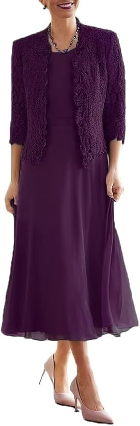 Tea Length Grandmother of The Bride Dresses with Jackets Elegant Laces Mother of Bride Dress for Wedding Guests