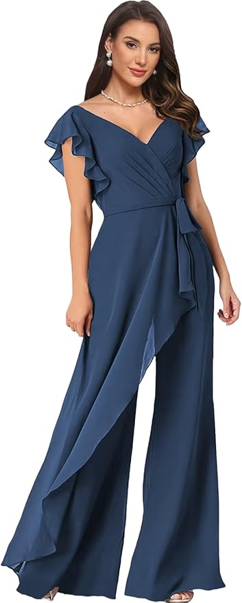 Chiffon Mother of The Bride Jumpsuits for Women Asymmetrical Pant Suits Flutter Sleeve V Neck Formal Evening Outfits