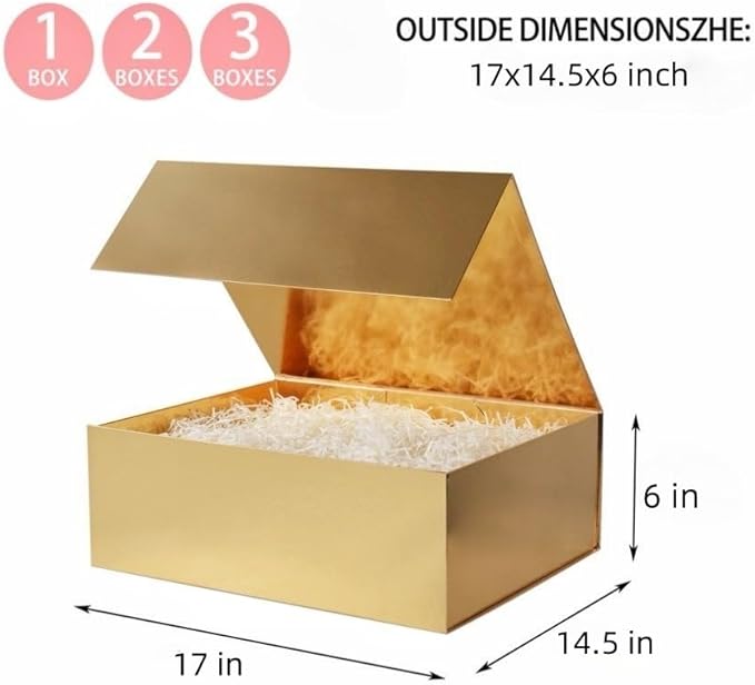 UoeRing 3 Pack Extra Large Gold Gift Box 17x14.5x6 inch Luxury Gift Box for Presents with Magnetic Closure Lid Collapsible,Birthday,Christmas,Contains Card, Ribbon,Tissue Paper,Shredded Paper Filler