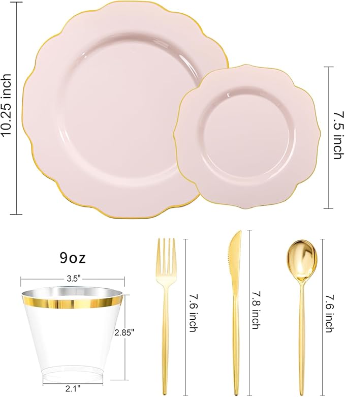 bUCLA 180PCS Pink Plastic Plates - Pink with Gold Rim Disposable for Party Include 30 Each (Dinner & Dessert) Plates, 30 Knives, 30 Forks, 30 Spoons, 30 Cups for Wedding, Birthday & Shower