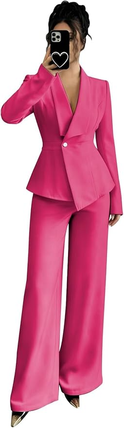 Pant Suits for Women Dressy 2 Piece Womens Pantsuit Long Sleeve Lapel V-Neck Formal Outfit for Wedding Guest