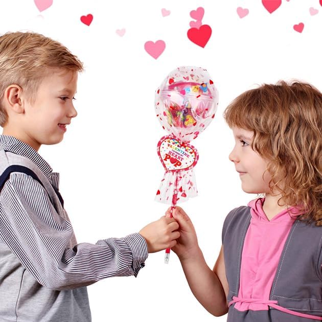 POPGIFTU Valentine Classroom Exchange Gifts for Kids – 28 Pack Lollipop-Shaped Stationery with Cards, Pencils, Erasers, Rulers & Stickers for Boys and Girls, Party Favors for School