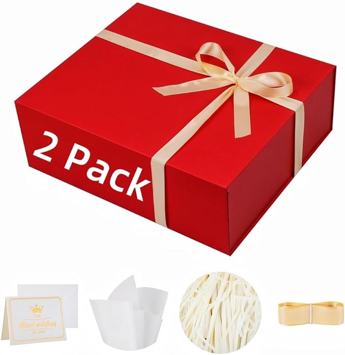 UoeRing 2 Pack Extra Large Red Gift Box 17x14.5x6 inch Luxury Gift Box for Presents with Magnetic Closure Lid Collapsible,Birthday,Christmas,Contains Card, Ribbon,Tissue Paper,Shredded Paper Filler