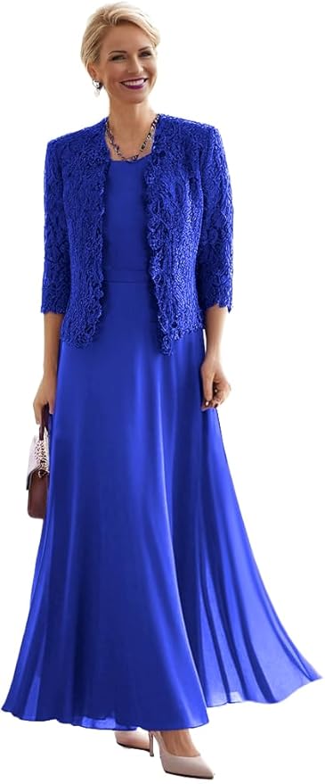 2 Pieces Mother of The Bride Dresses for Women Laces Mother of The Groom Dress 3/4 Sleeve Chiffon Formal Evening Dresses