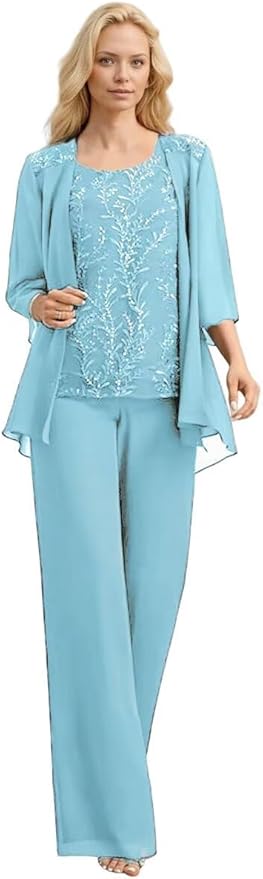 3 Pieces Mother of The Bride Pant Suits Long Laces Appliques 3/4 Sleeves Chiffon Mother of The Groom Dress