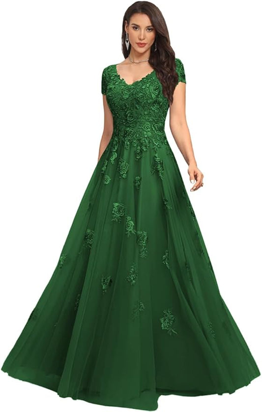 Mother of The Bride Dresses Sleeve Laces Applique V Neck Evening Gowns Cap Sleeves Grandmother of The Groom Dress