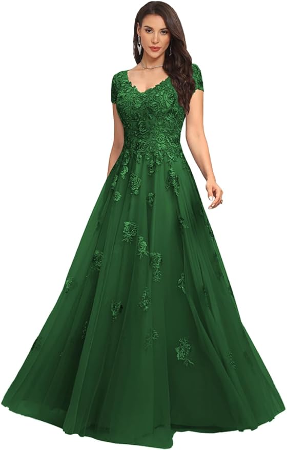 Mother of The Bride Dresses Sleeve Laces Applique V Neck Evening Gowns Cap Sleeves Grandmother of The Groom Dress