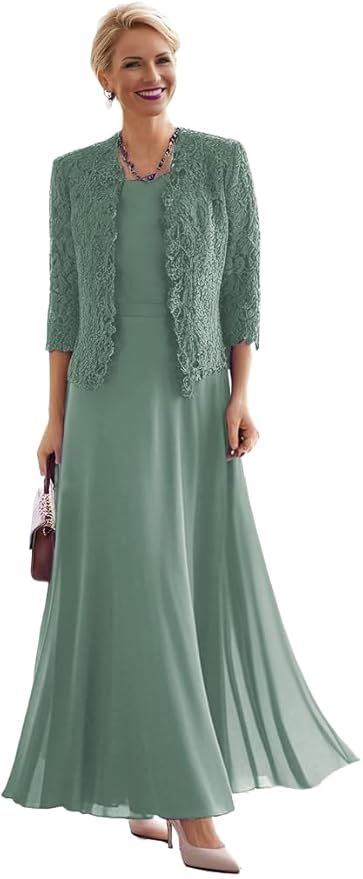 2 Pieces Mother of The Bride Dresses for Women Laces Mother of The Groom Dress 3/4 Sleeve Chiffon Formal Evening Dresses