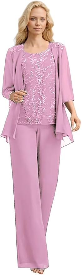 3 Pieces Mother of The Bride Pant Suits Long Laces Appliques 3/4 Sleeves Chiffon Mother of The Groom Dress