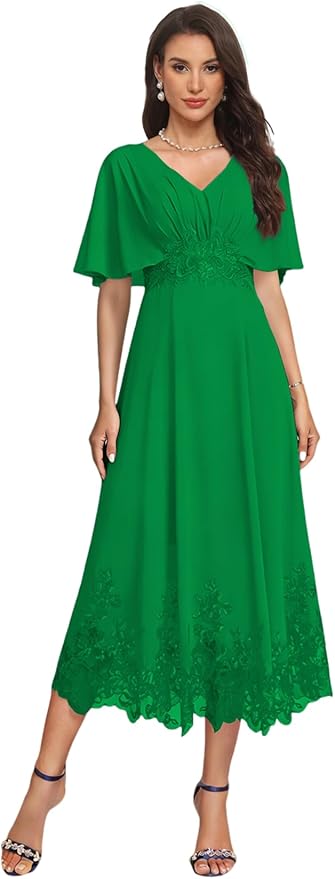Tea Length Mother of The Bride Dress with Sleeves Laces Formal Evening Gowns for Wedding V Neck Wedding Guest Gown ZMX37
