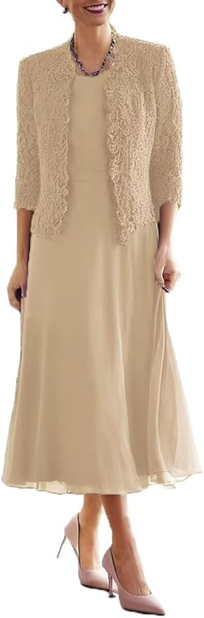 Tea Length Grandmother of The Bride Dresses with Jackets Elegant Laces Mother of Bride Dress for Wedding Guests