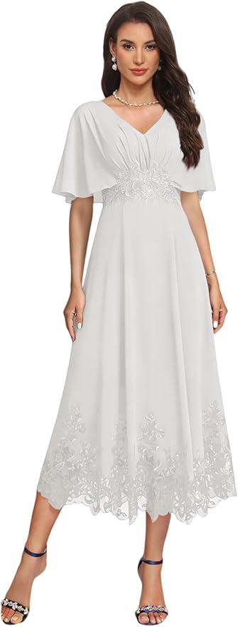 Tea Length Mother of The Bride Dress with Sleeves Laces Formal Evening Gowns for Wedding V Neck Wedding Guest Gown ZMX37