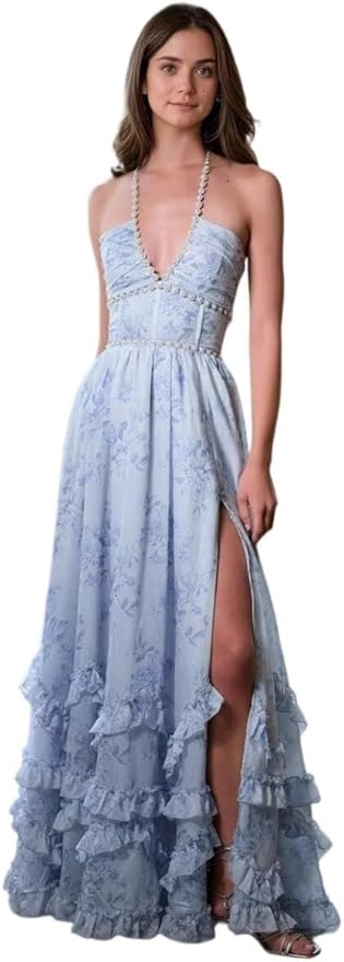 Floral Printed Chiffon Prom Dress for Carmen 2025 Long V Neck Floor Length Photoshoot Dress with Side Slit Ruched