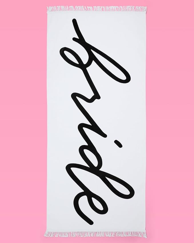 xo, Fetti Bride Fringe Beach Towel - 100% Cotton | Bachelorette Decorations, Black and White Bridal Shower Gift, Bridesmaid Favors, Engagement Party, Poolside Bride to Be, Newlywed Honeymoon Supplies