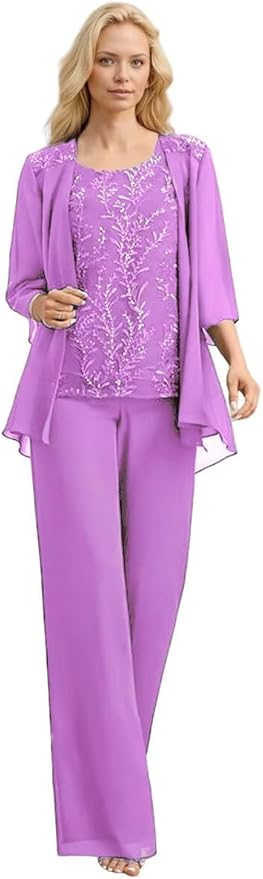 3 Pieces Mother of The Bride Pant Suits Long Laces Appliques 3/4 Sleeves Chiffon Mother of The Groom Dress