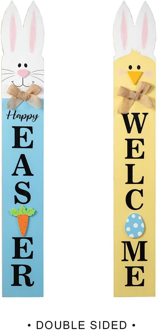 Glitzhome 42"H Wooden Double-Sided Easter Welcome Porch Sign with Bunny Ears Vertical Welcome Porch Décor Hanging Signs for Front Door or Indoor Home Decor