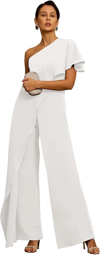 Mother of The Bride Jumpsuit Chiffon One Shoulder Ruffles Wedding Guest Pantsuit for Women