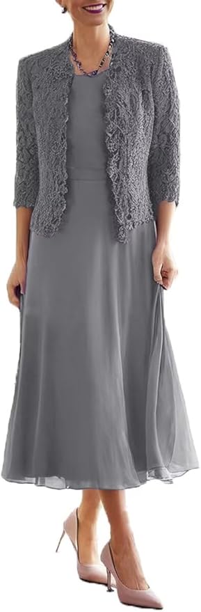 Tea Length Grandmother of The Bride Dresses with Jackets Elegant Laces Mother of Bride Dress for Wedding Guests