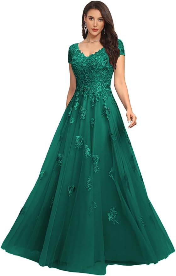 Mother of The Bride Dresses Sleeve Laces Applique V Neck Evening Gowns Cap Sleeves Grandmother of The Groom Dress