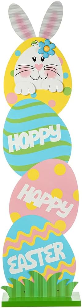 Glitzhome 42" H Happy Easter Porch Sign, Farmhouse Rustic Wooden Bunny and Eggs Porch Decor Standing Sign for Front Door Porch Decorations