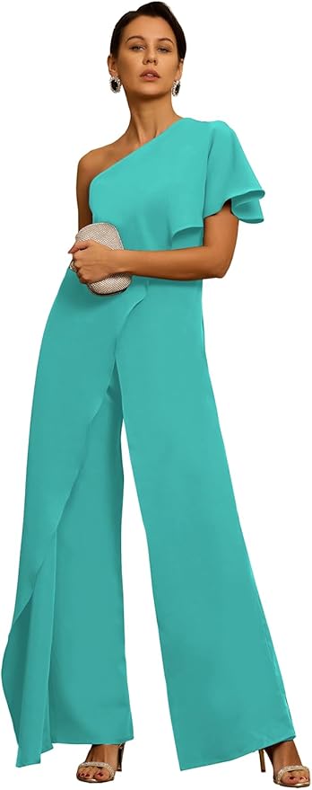 Mother of The Bride Jumpsuit Chiffon One Shoulder Ruffles Wedding Guest Pantsuit for Women