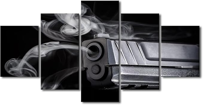 5 Pieces Canvas Prints Wall Art - Gun Canvas Wall Art Gun Fire Smoke Painting Picture Artwork/Modern Wall Decor/Home Decoration Stretched Gallery Canvas Wrap Giclee Print & Ready to Hang 60x32 in
