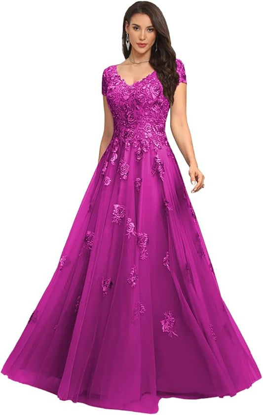 Mother of The Bride Dresses Sleeve Laces Applique V Neck Evening Gowns Cap Sleeves Grandmother of The Groom Dress