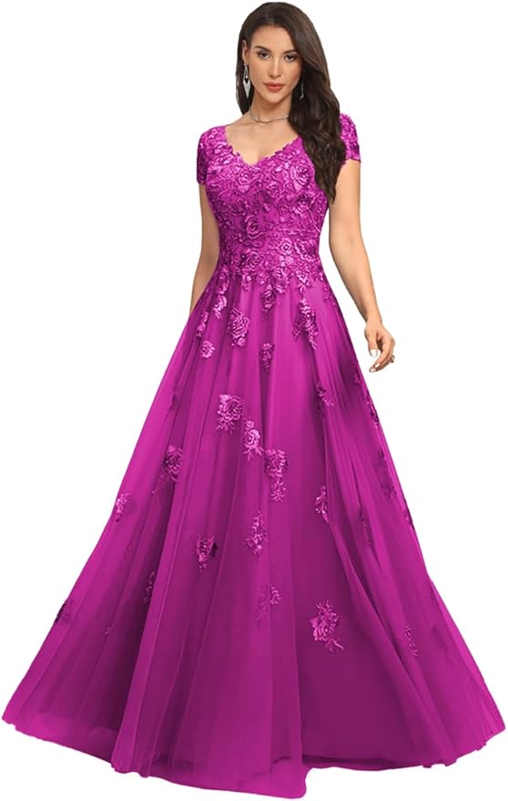 Mother of The Bride Dresses Sleeve Laces Applique V Neck Evening Gowns Cap Sleeves Grandmother of The Groom Dress