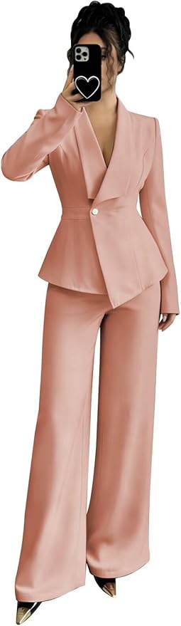 Pant Suits for Women Dressy 2 Piece Womens Pantsuit Long Sleeve Lapel V-Neck Formal Outfit for Wedding Guest