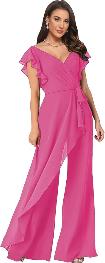 Chiffon Mother of The Bride Jumpsuits for Women Asymmetrical Pant Suits Flutter Sleeve V Neck Formal Evening Outfits