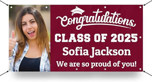 Personalized Graduation Photo Vinyl Banner Sign - Class of 2025 Custom Photo and Name - Milweb1 - Maroon - 2'x4'