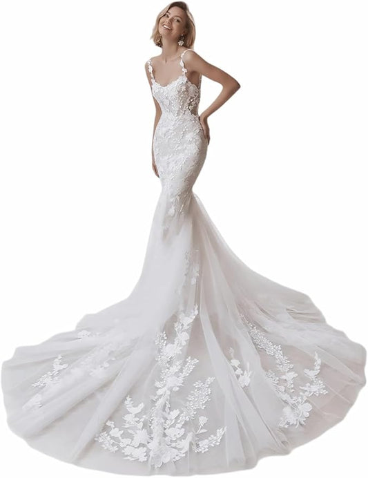 Zeeyecie Mermaid Tulle Wedding Dresses Lace Applique Corset V-Neck Sparkly Bridal Gowns with Train for Brides