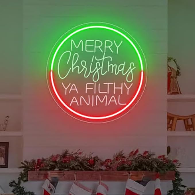 Merry Christmas Ya Filthy Animal Neon Sign, Christmas USB Neon Light Sign For Home Room Party Decor,Size:18 x 18 inches