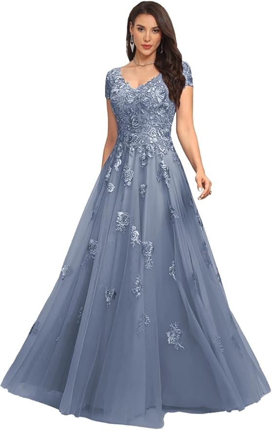 Mother of The Bride Dresses Sleeve Laces Applique V Neck Evening Gowns Cap Sleeves Grandmother of The Groom Dress