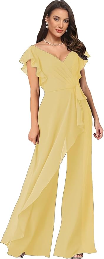 Chiffon Mother of The Bride Jumpsuits for Women Asymmetrical Pant Suits Flutter Sleeve V Neck Formal Evening Outfits