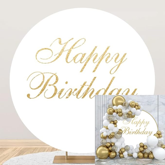 OERJU Happy Birthday Round Backdrop Cover White and Gold Birthday Party Photography Background Adult Kids Birthday Party Decoration Circle Backdrop Cover Cake Table Banner Photo Shoot Props 7.5x7.5ft