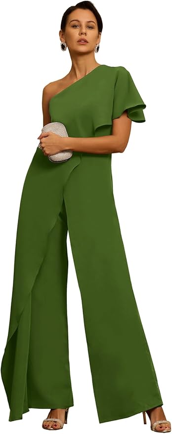 Mother of The Bride Jumpsuit Chiffon One Shoulder Ruffles Wedding Guest Pantsuit for Women