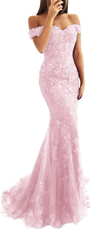 Tulle Long Prom Dresses Off The Shoulder Mermaid Dress with Elegant Laces Appliques Formal Evening Party Gowns