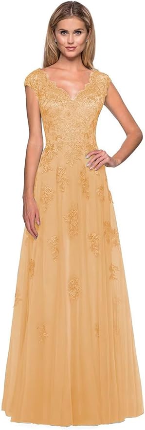 Mother of The Bride Dresses Cap Sleeve V-Neck Long Tulle Formal Evening Gowns for Women with Pockets