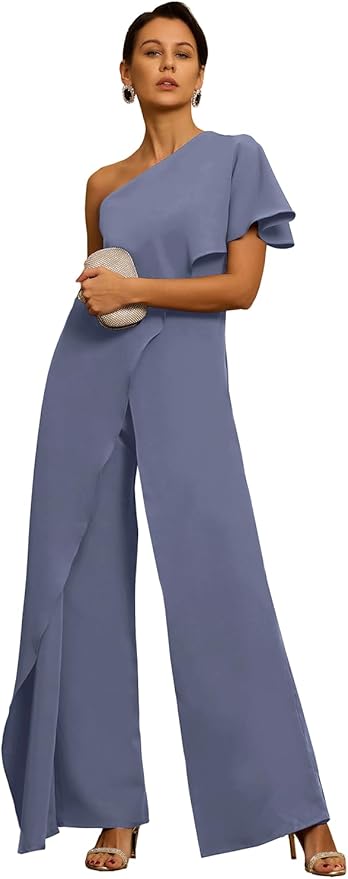Mother of The Bride Jumpsuit Chiffon One Shoulder Ruffles Wedding Guest Pantsuit for Women