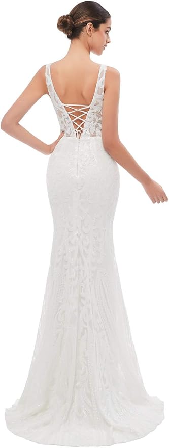 Women's Double V-Neck Sequins Lace-up Mermaid Evening Dress