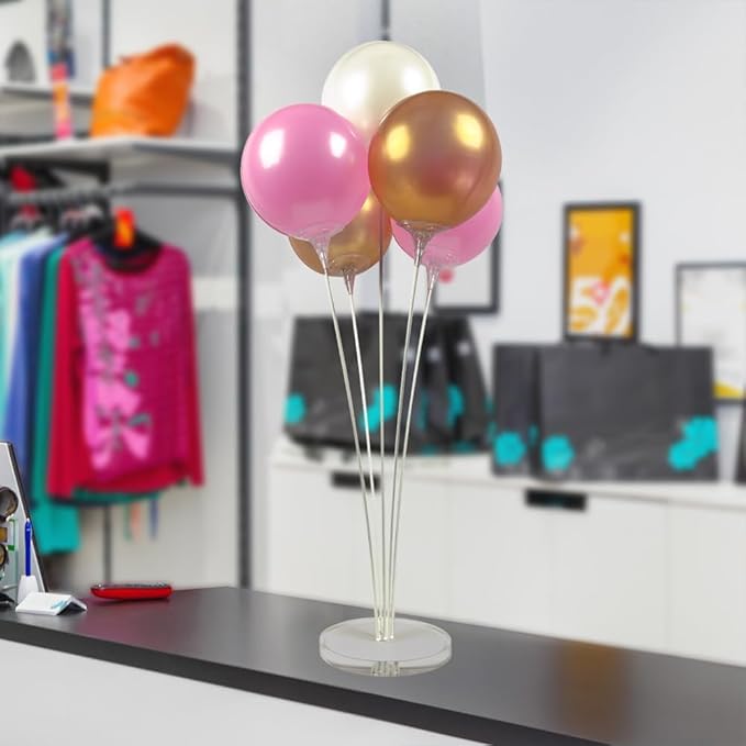 Reusable Balloon Tabletop Kit - Helium-Free Vinyl Bouquets - Lasting Inflation - Includes 5 Balloons, Stems & Acrylic Base, for Business, Schools & Events (Light Pink, Gold, White)