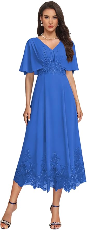 Tea Length Mother of The Bride Dress with Sleeves Laces Formal Evening Gowns for Wedding V Neck Wedding Guest Gown ZMX37