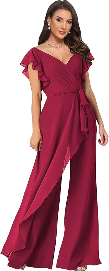 Chiffon Mother of The Bride Jumpsuits for Women Asymmetrical Pant Suits Flutter Sleeve V Neck Formal Evening Outfits